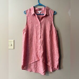 Garnet Hill sz 14 easy linen button down high low collared sleeveless blouse.